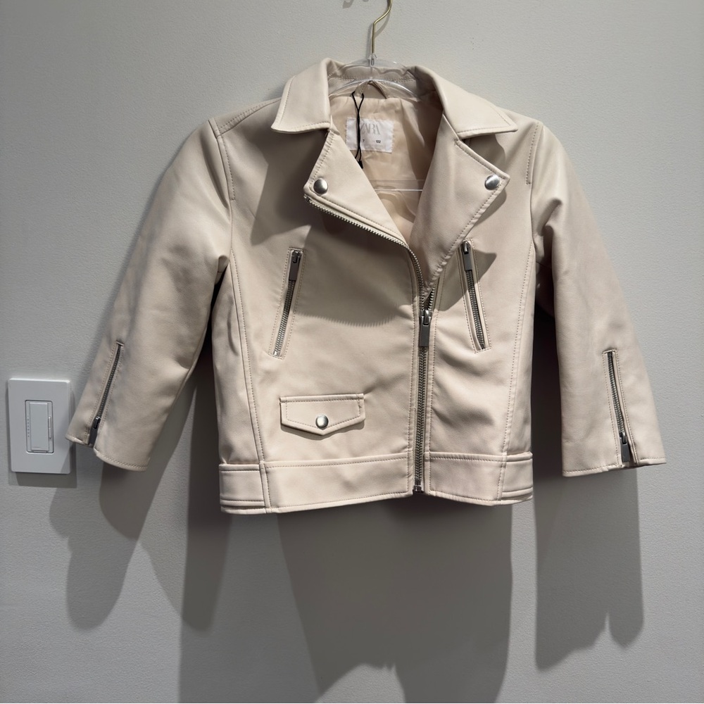 Zara Cream Kids Jacket Faux Leather Cream Biker Jacket Size 7 Girls